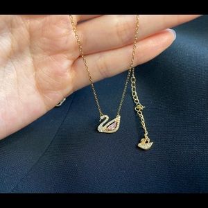 Swarovski rosegold pink crystal logo swan necklace